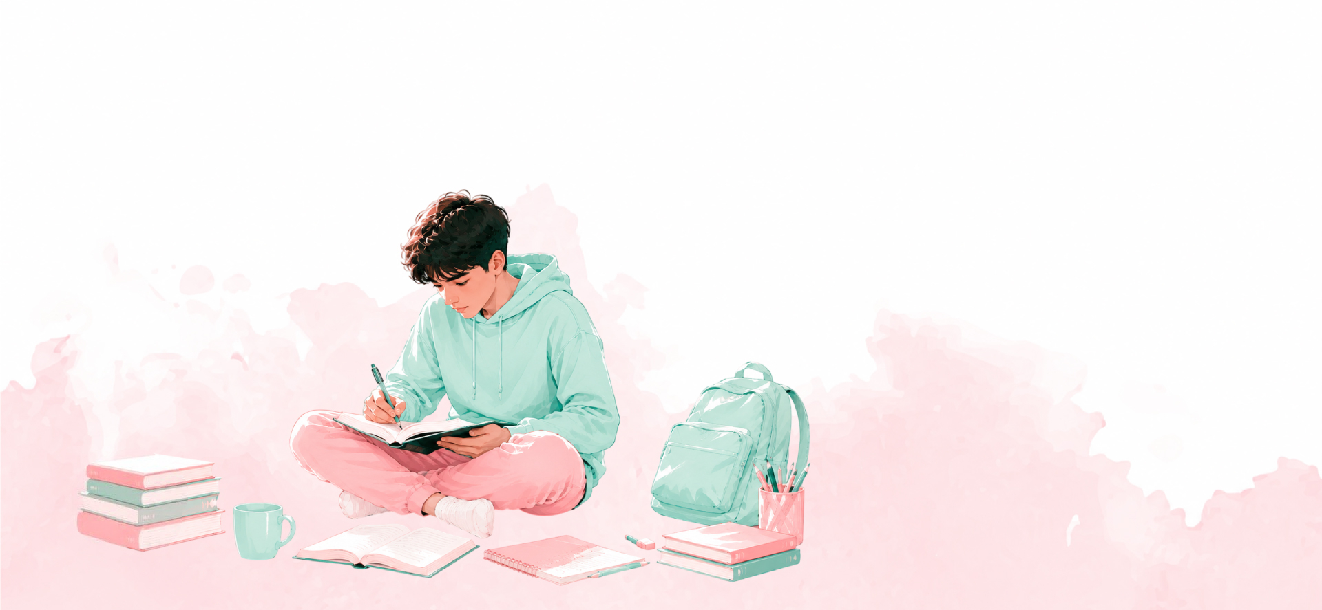 Student writing cross-legged
